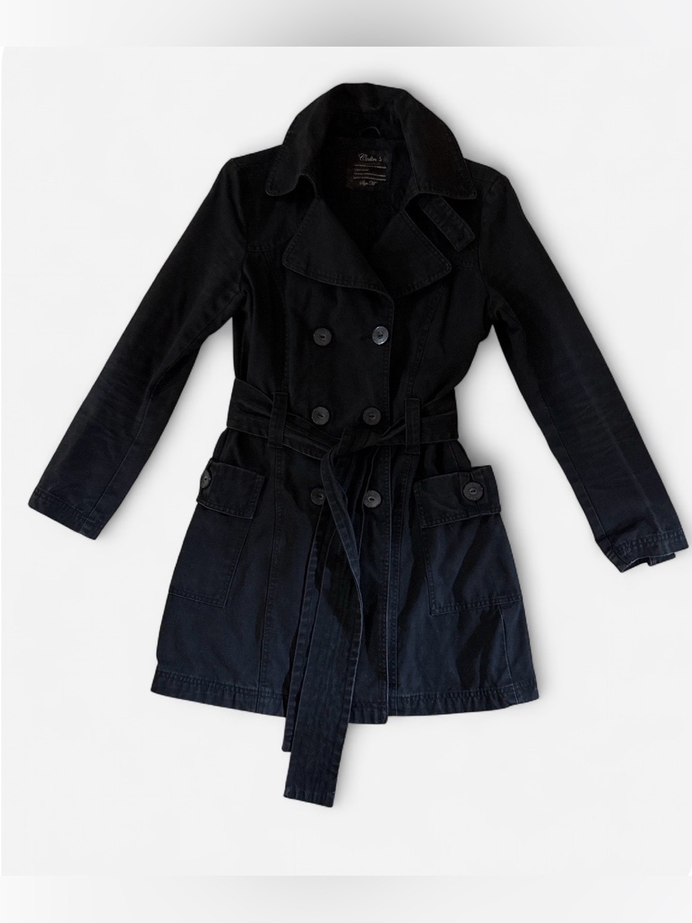 Womenโs Black Double-Breasted Trench Coat with Belt